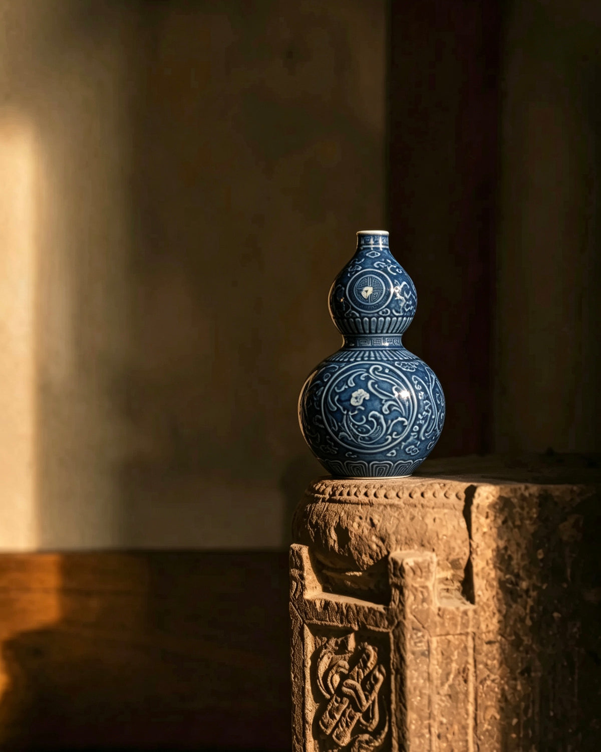 Carved Dark‑Blue Gourd‑Shaped Ceramic Vase