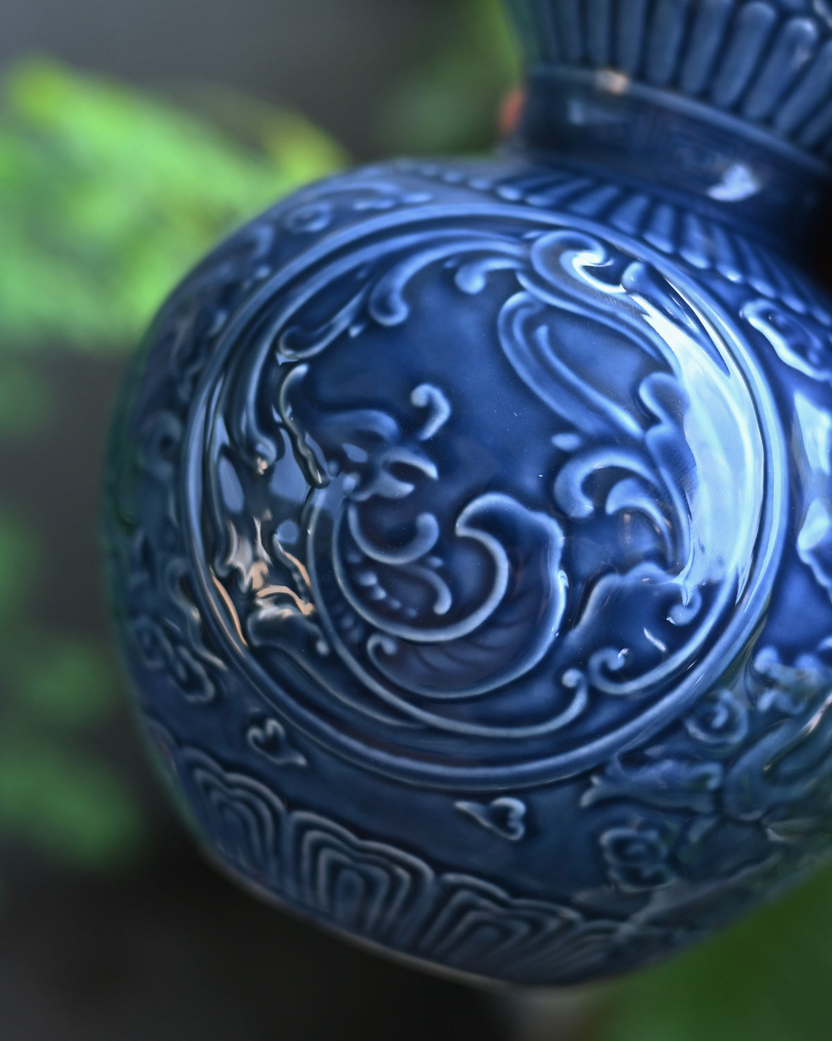 Carved Dark‑Blue Gourd‑Shaped Ceramic Vase