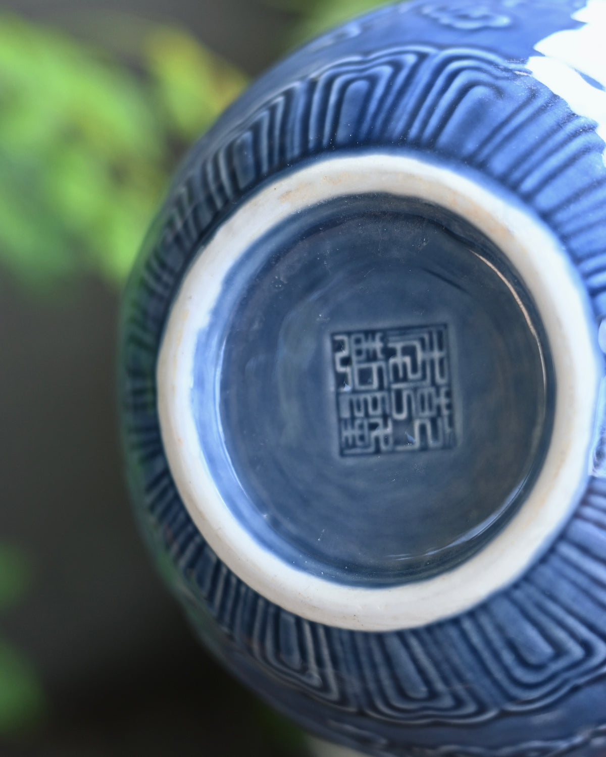 Carved Dark‑Blue Gourd‑Shaped Ceramic Vase