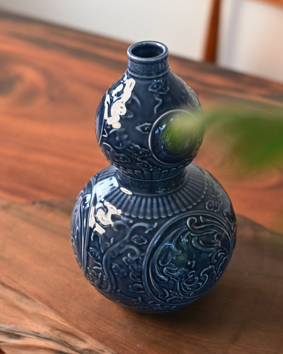 Carved Dark‑Blue Gourd‑Shaped Ceramic Vase