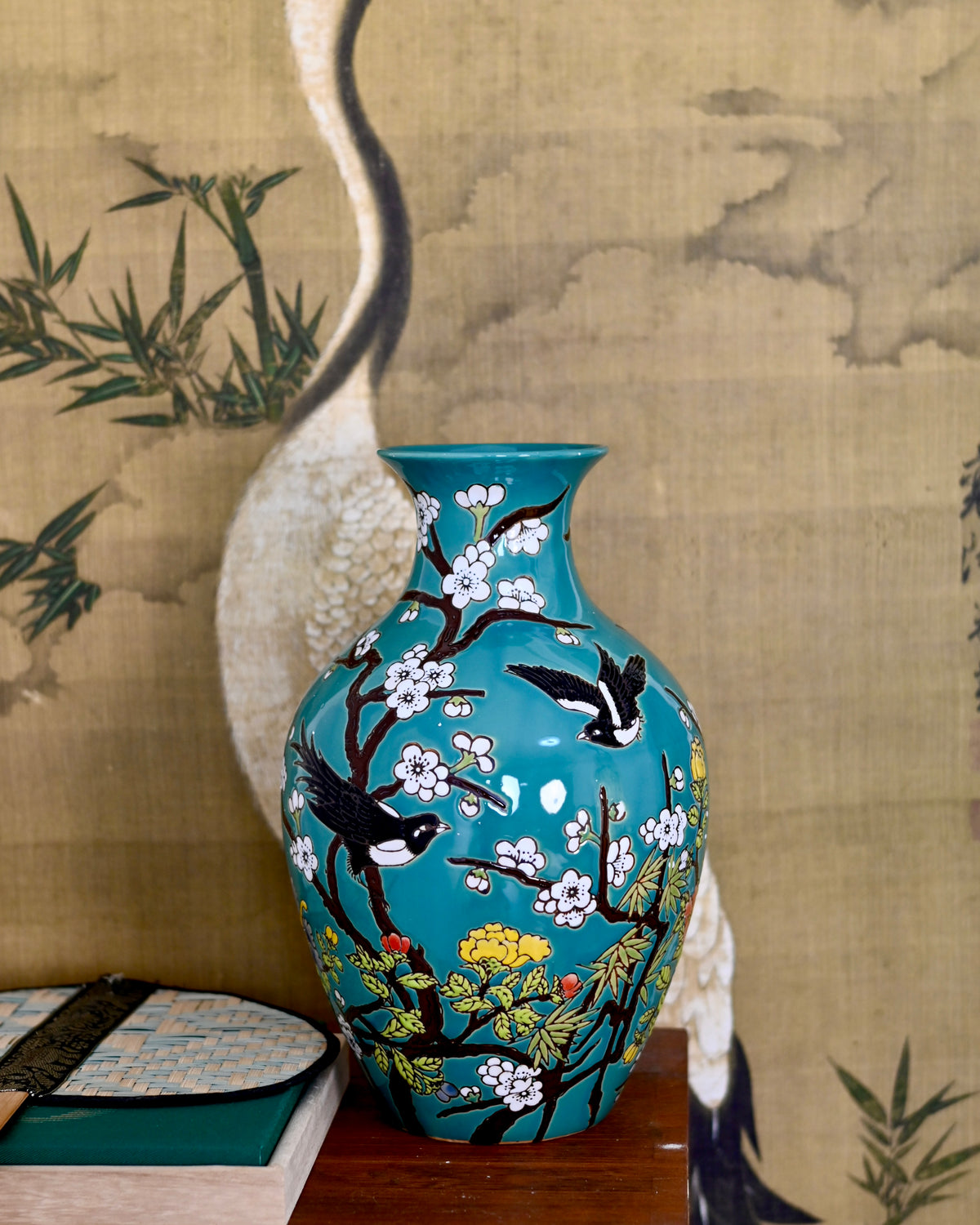 Turquoise‑Ground Famille‑Rose Ceramic Vase