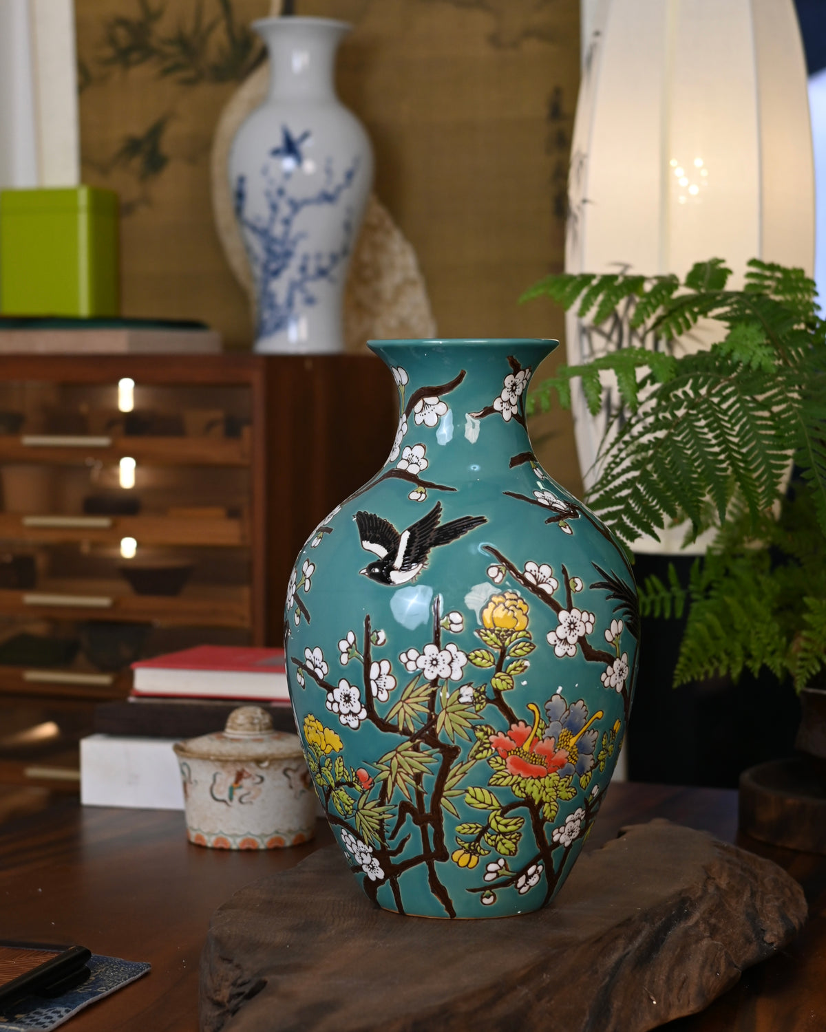 Turquoise‑Ground Famille‑Rose Ceramic Vase