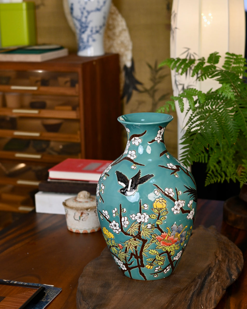 Turquoise‑Ground Famille‑Rose Ceramic Vase