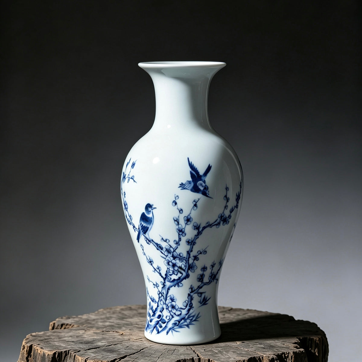 Blue and White Porcelain Bird and Blossom Motif Vase