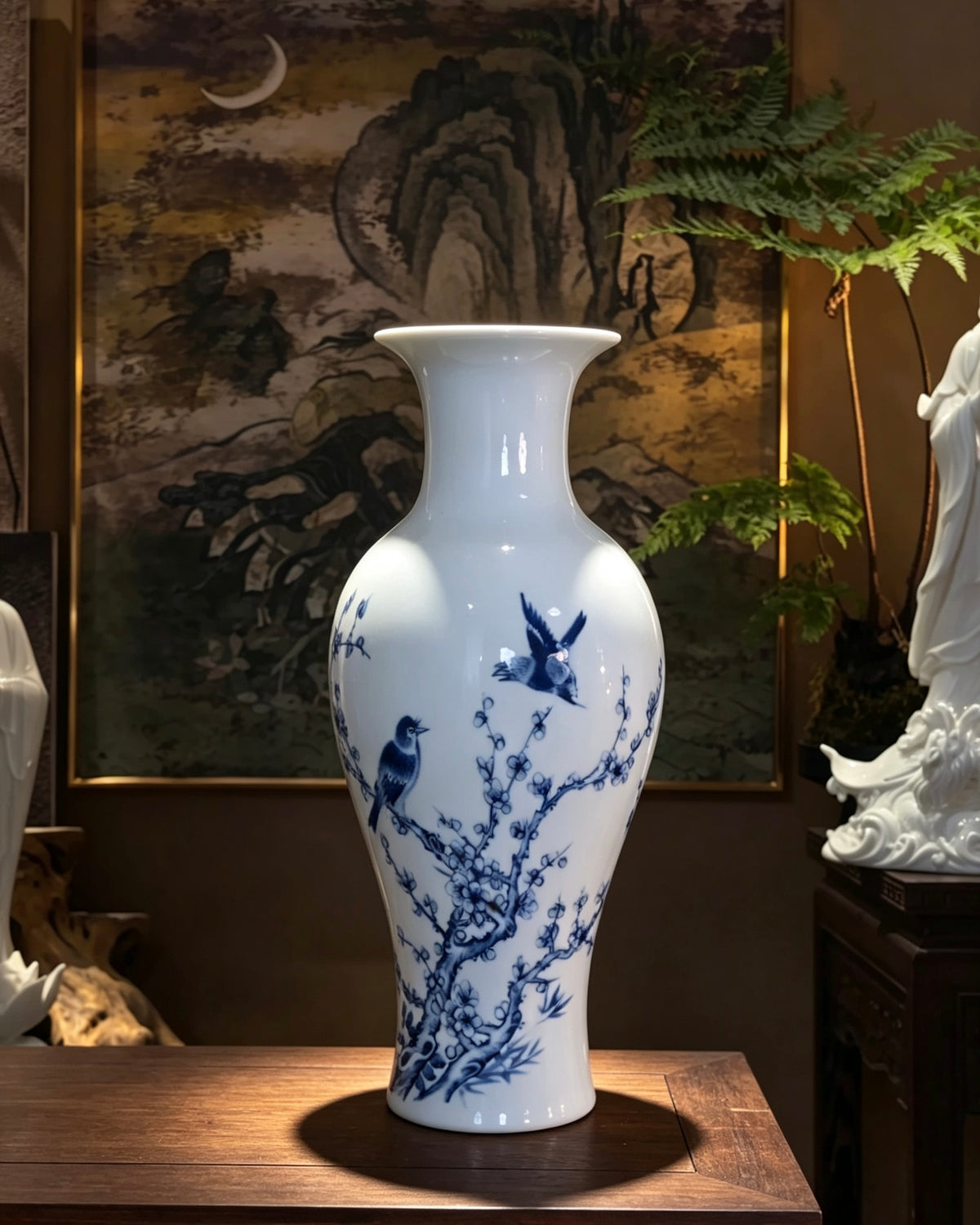 Blue and White Porcelain Bird and Blossom Motif Vase