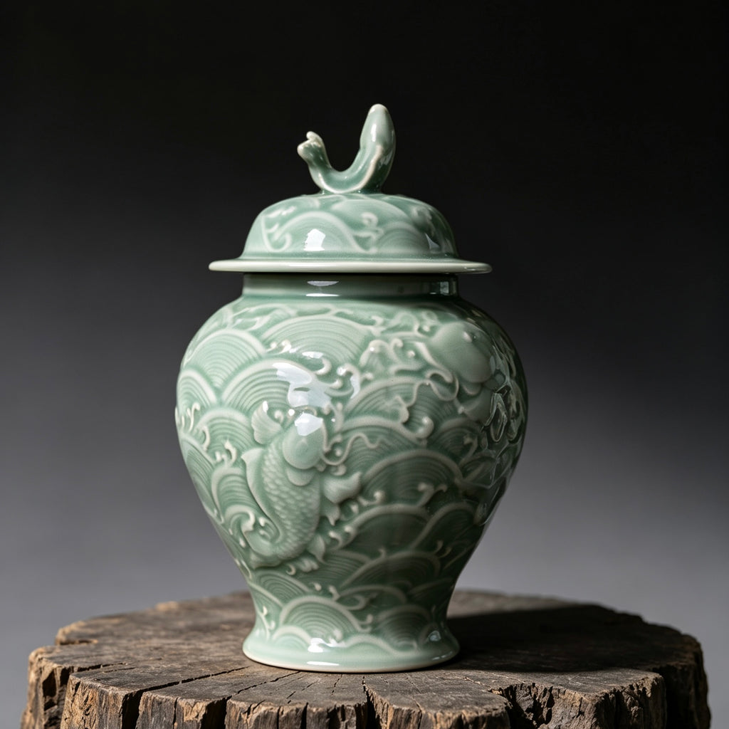 Longquan Celadon Koi and Waves Storage Lidded Ceramic Canister