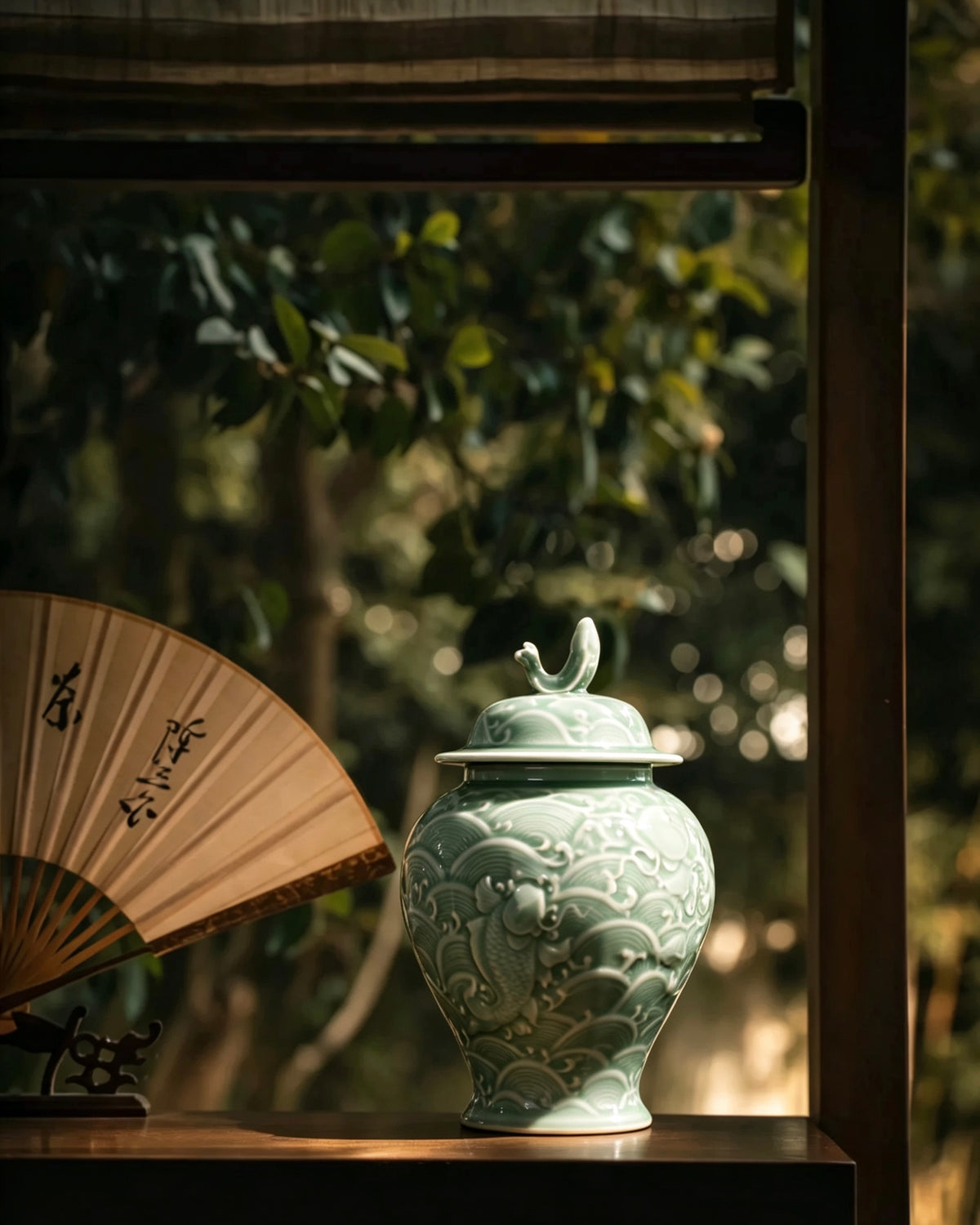 Longquan Celadon Koi and Waves Storage Lidded Ceramic Canister