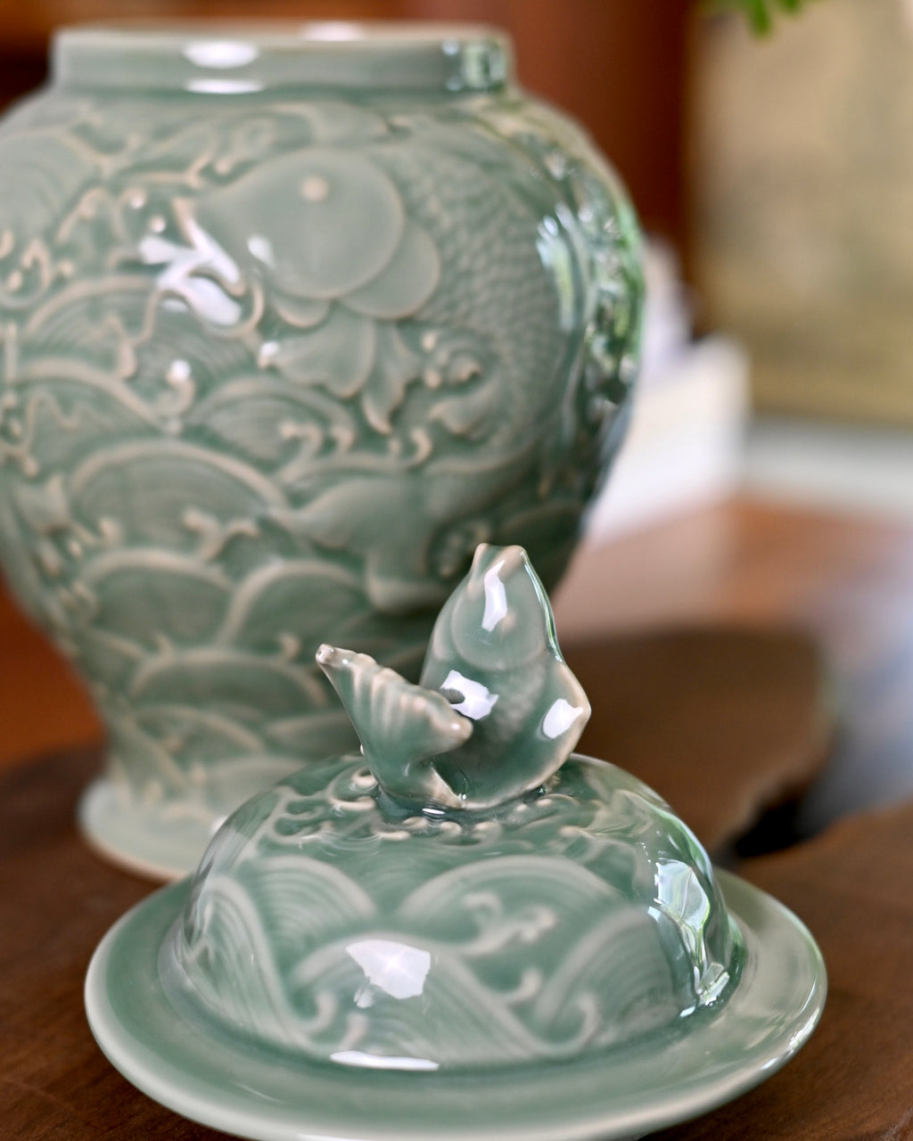 Longquan Celadon Koi and Waves Storage Lidded Ceramic Canister