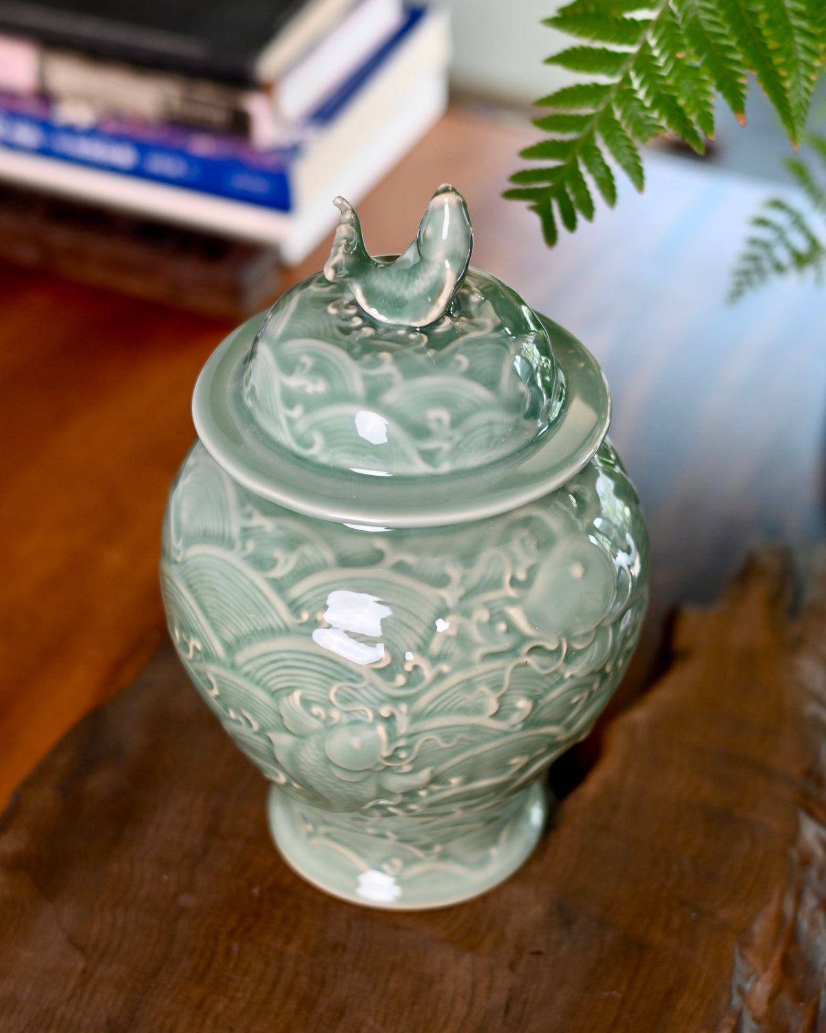 Longquan Celadon Koi and Waves Storage Lidded Ceramic Canister