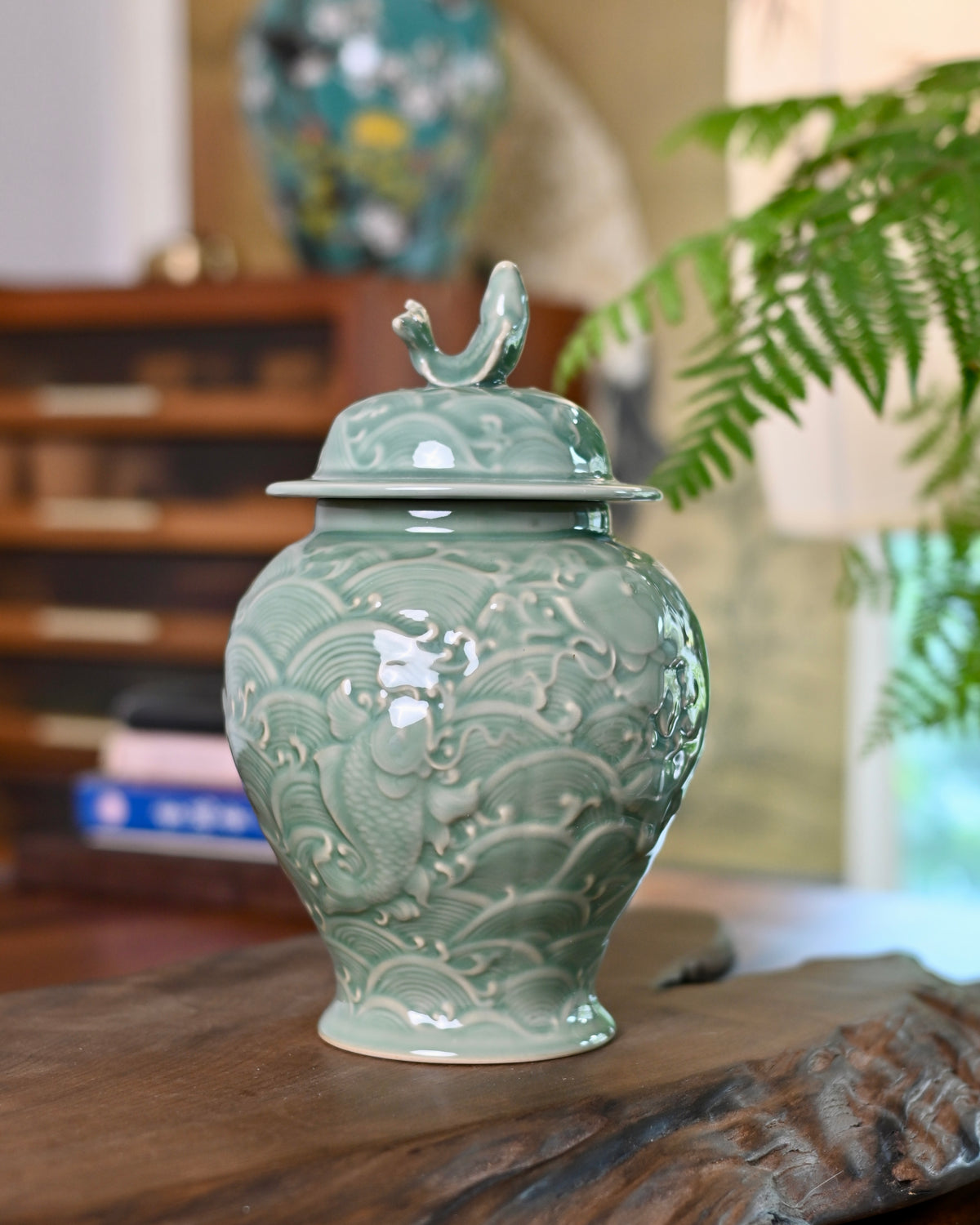 Longquan Celadon Koi and Waves Storage Lidded Ceramic Canister