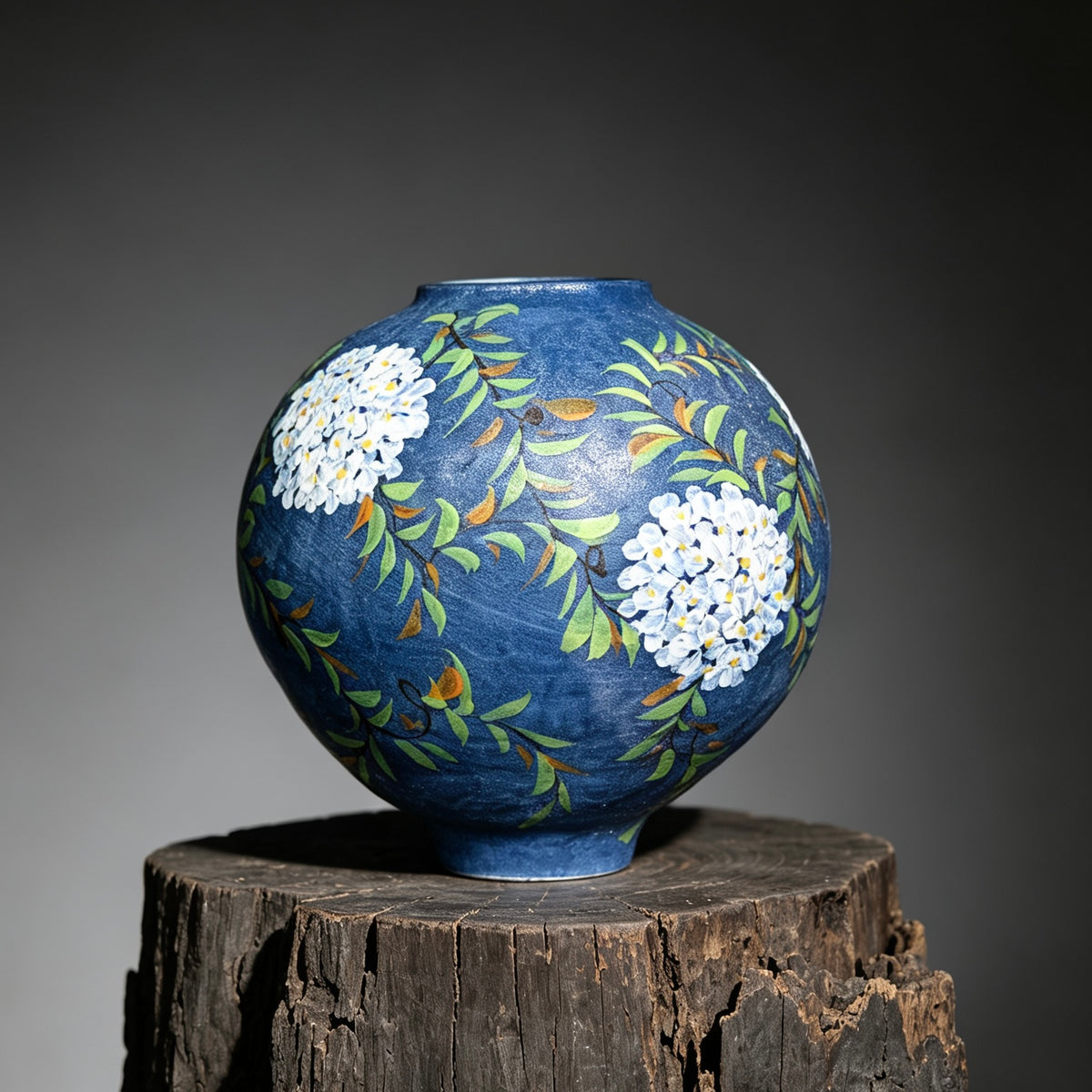 Hand‑Pinched Stoneware Vase, Matte Navy‑Blue with Hand‑Painted Hydrangea Floral Art