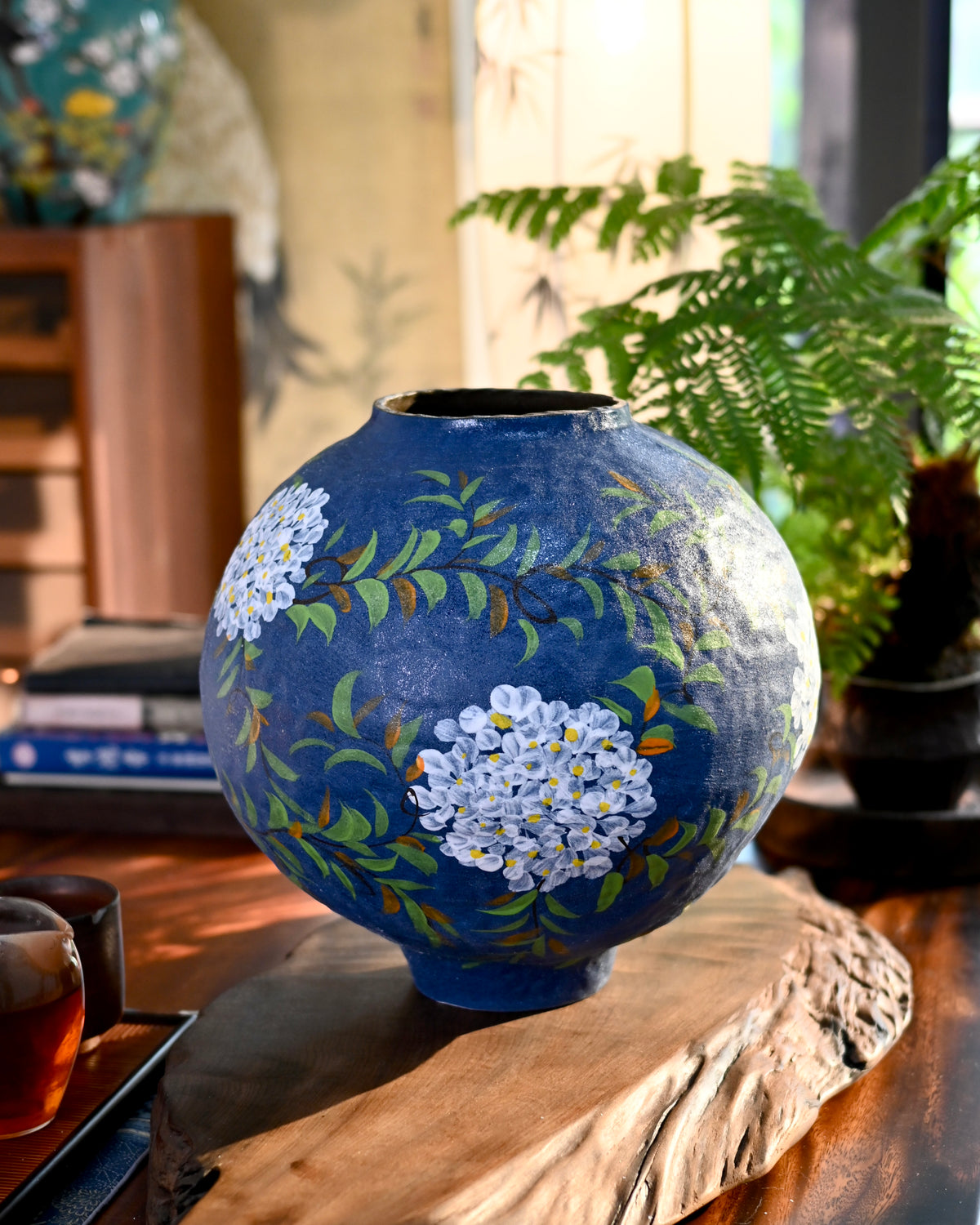 Hand‑Pinched Stoneware Vase, Matte Navy‑Blue with Hand‑Painted Hydrangea Floral Art