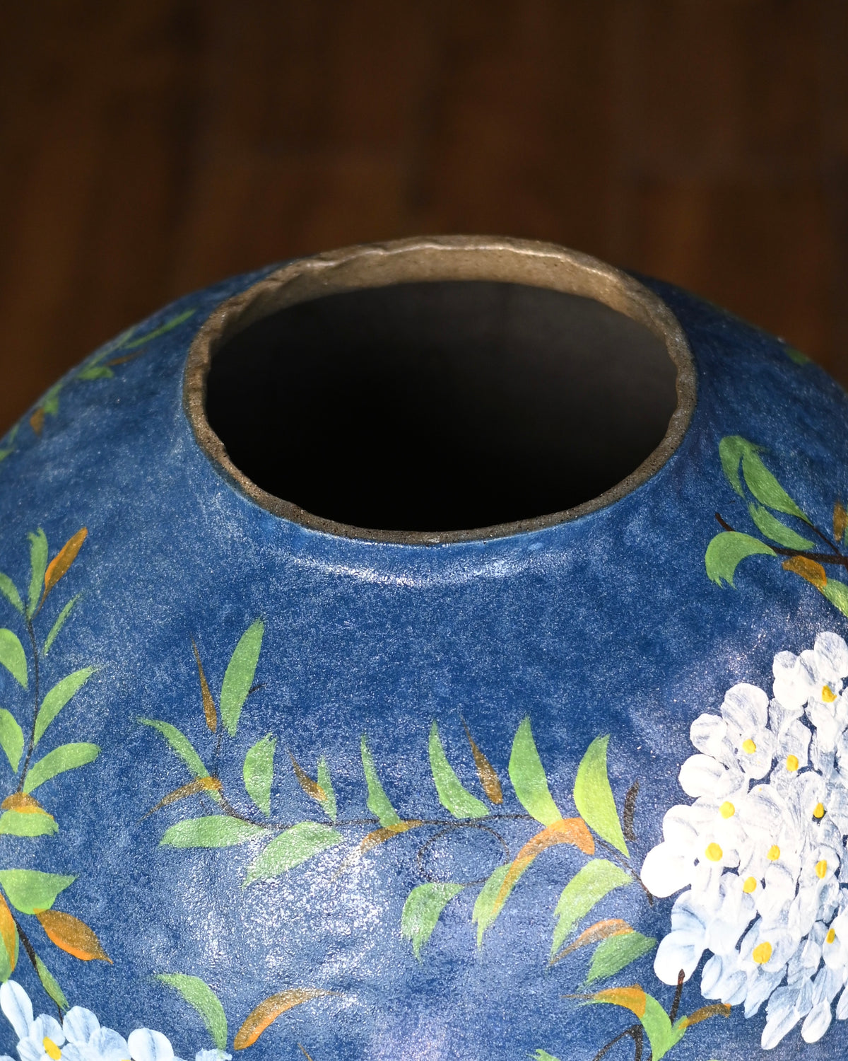 Hand‑Pinched Stoneware Vase, Matte Navy‑Blue with Hand‑Painted Hydrangea Floral Art