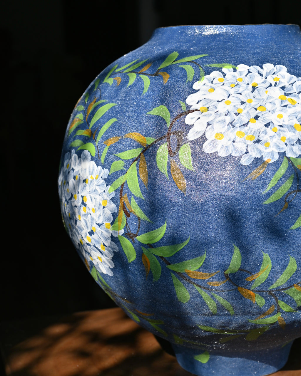 Hand‑Pinched Stoneware Vase, Matte Navy‑Blue with Hand‑Painted Hydrangea Floral Art