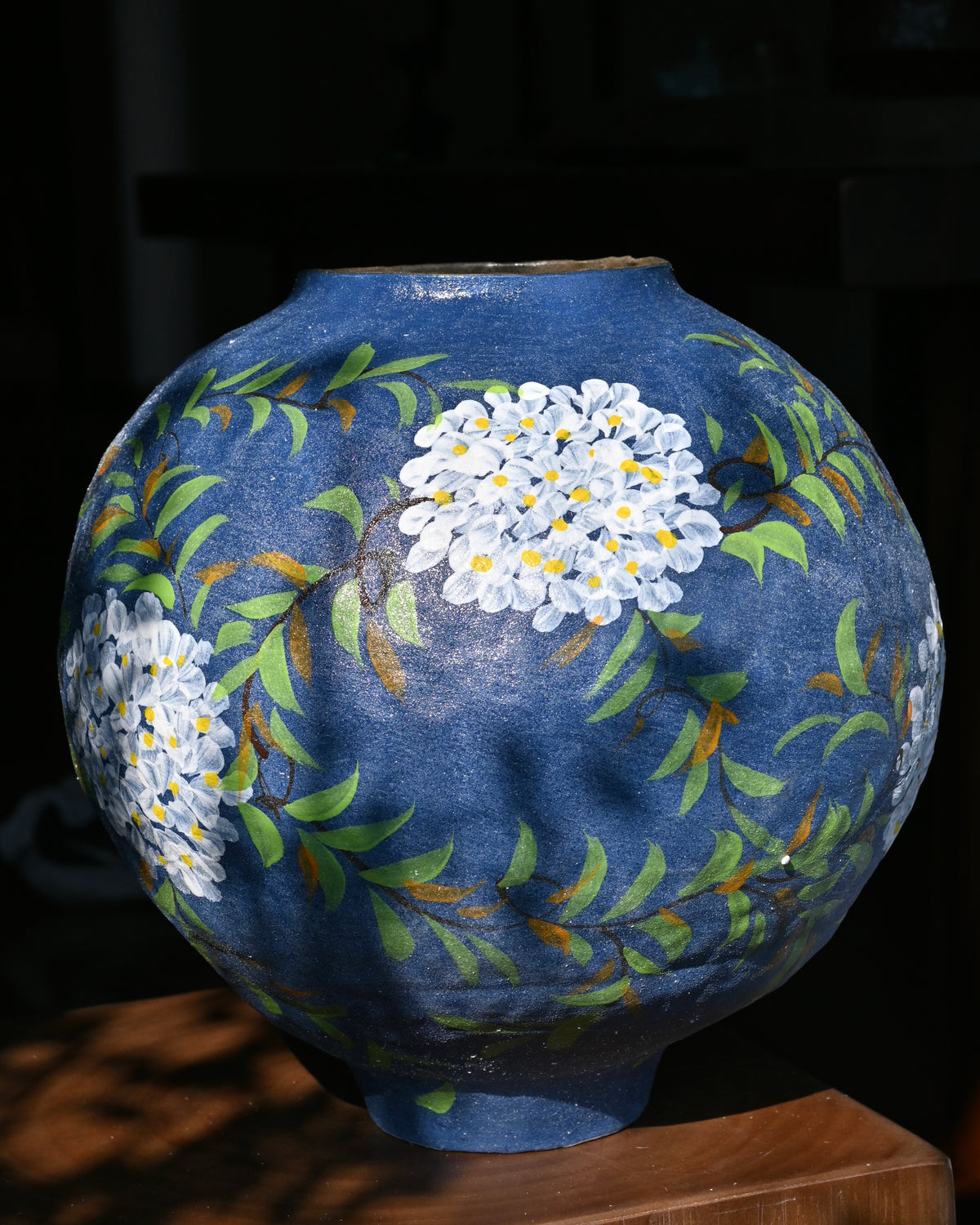 Hand‑Pinched Stoneware Vase, Matte Navy‑Blue with Hand‑Painted Hydrangea Floral Art