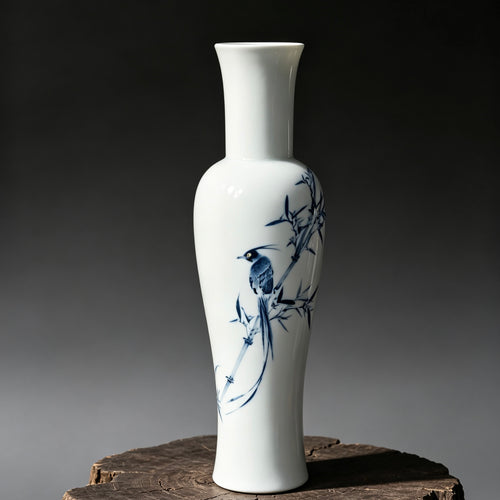 Slender blue-and-white porcelain tall vase with hand-painted bamboo and bird motif