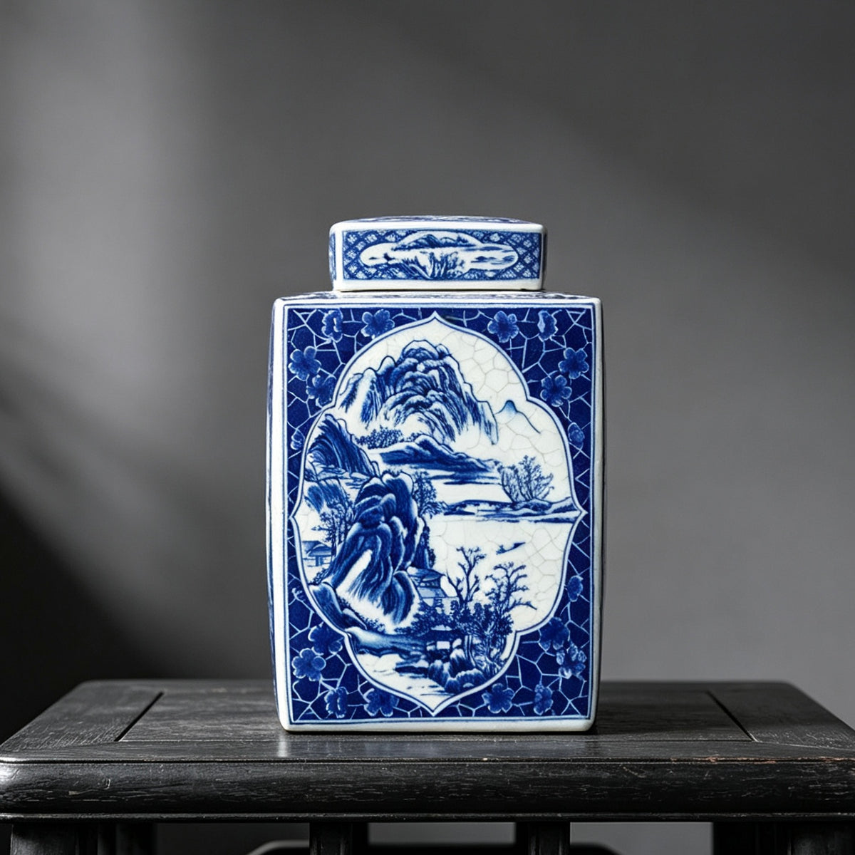 Hand-painted Jingdezhen Blue and White Porcelain Storage Jar, Qing Dynasty Style Square Ceramic Canister