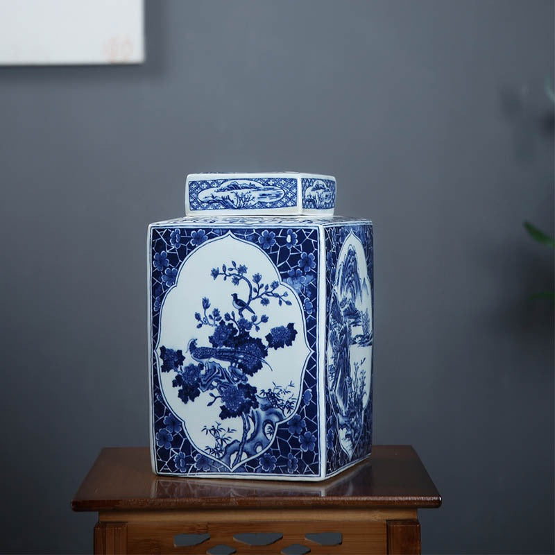 Hand-painted Jingdezhen Blue and White Porcelain Storage Jar, Qing Dynasty Style Square Ceramic Canister