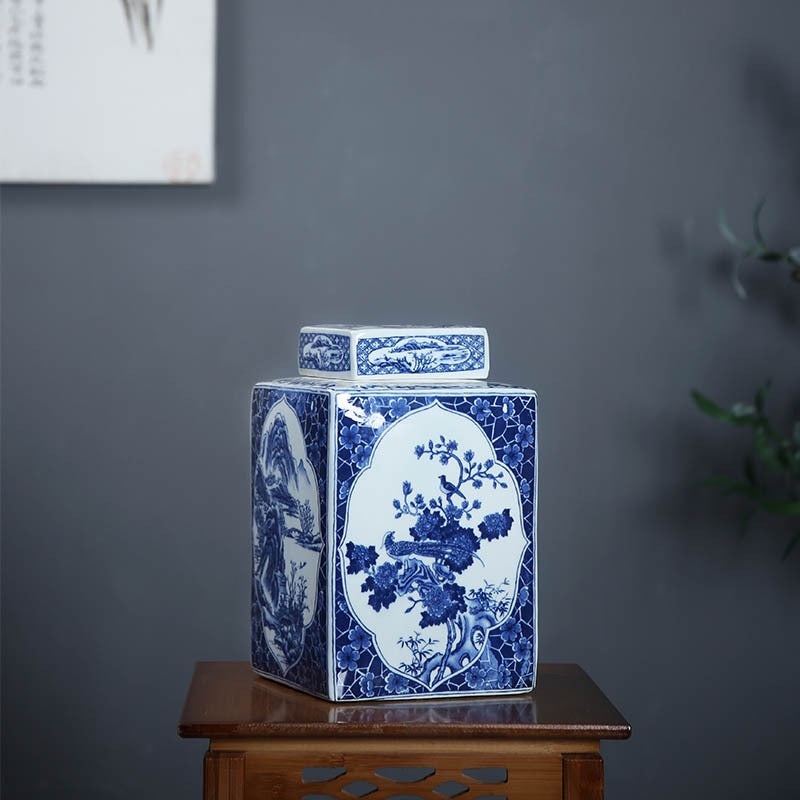 Hand-painted Jingdezhen Blue and White Porcelain Storage Jar, Qing Dynasty Style Square Ceramic Canister