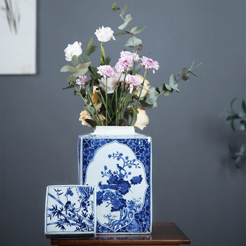 Hand-painted Jingdezhen Blue and White Porcelain Storage Jar, Qing Dynasty Style Square Ceramic Canister