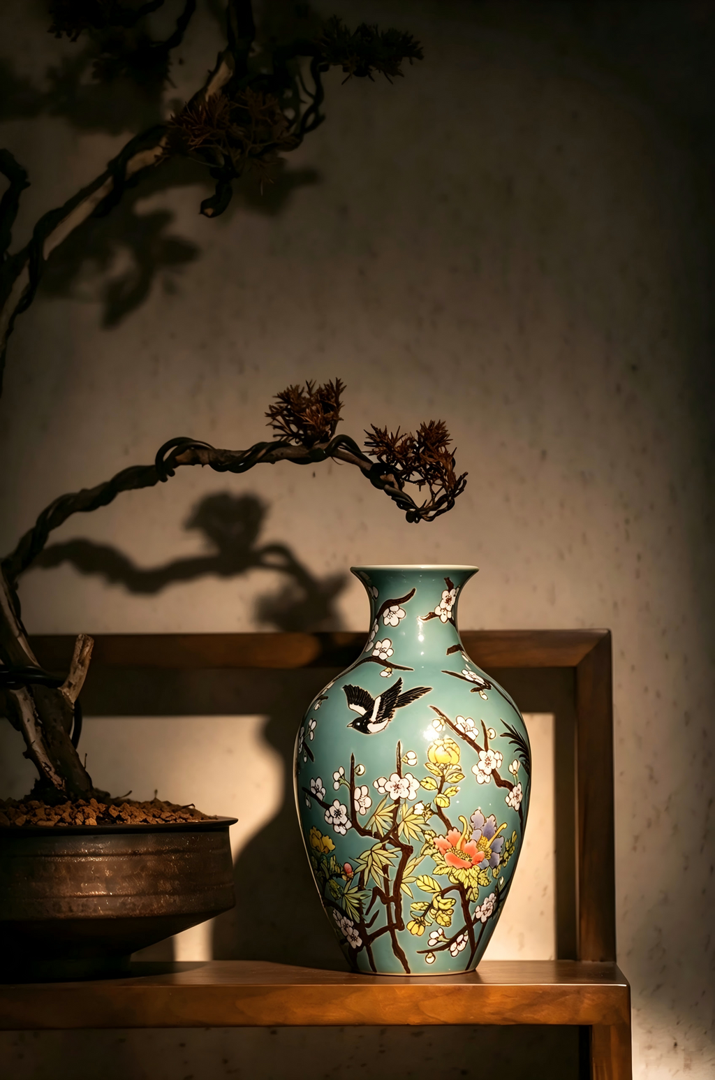 Turquoise‑Ground Famille‑Rose Ceramic Vase