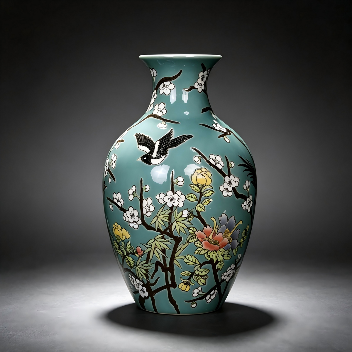 Turquoise‑Ground Famille‑Rose Ceramic Vase