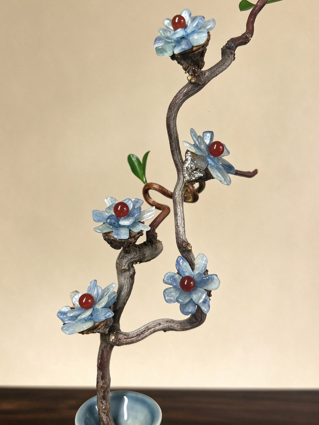 Antique style blue melon porcelain vase, handmade kaolin pottery, decorative resin branch with natural stone flowers