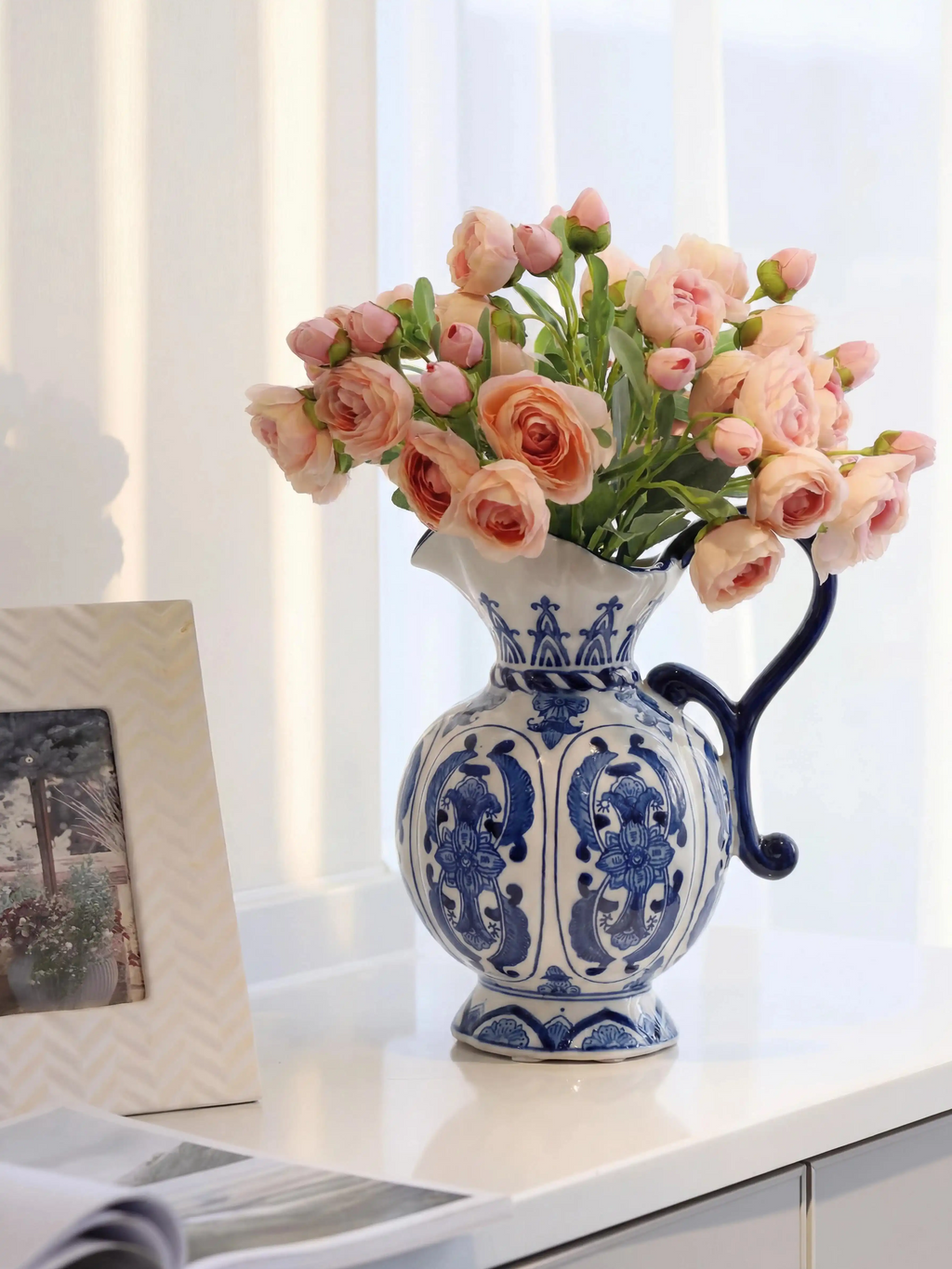 Antique-inspired blue and white porcelain pitcher vase, classic ceramic artwork to enrich oriental and modern home aesthetic