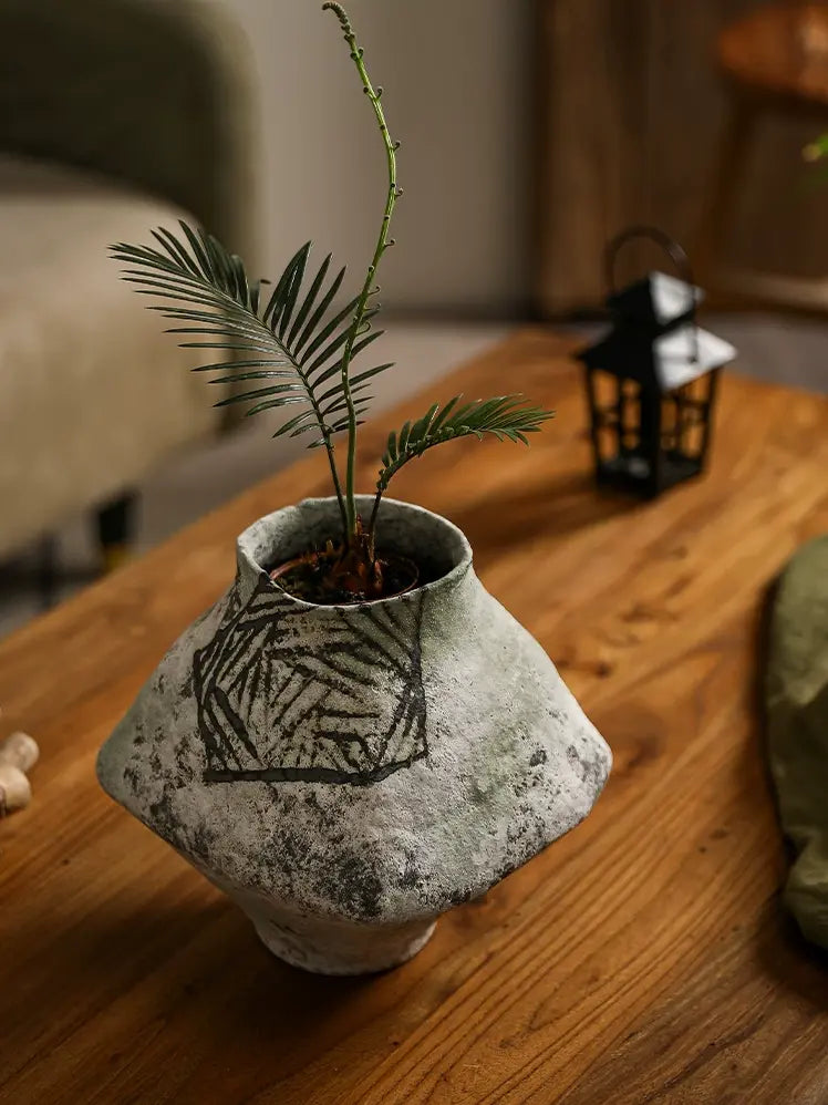 Asymmetrical handmade ceramic vase, coarse clay texture, minimalist wabi sabi home styling