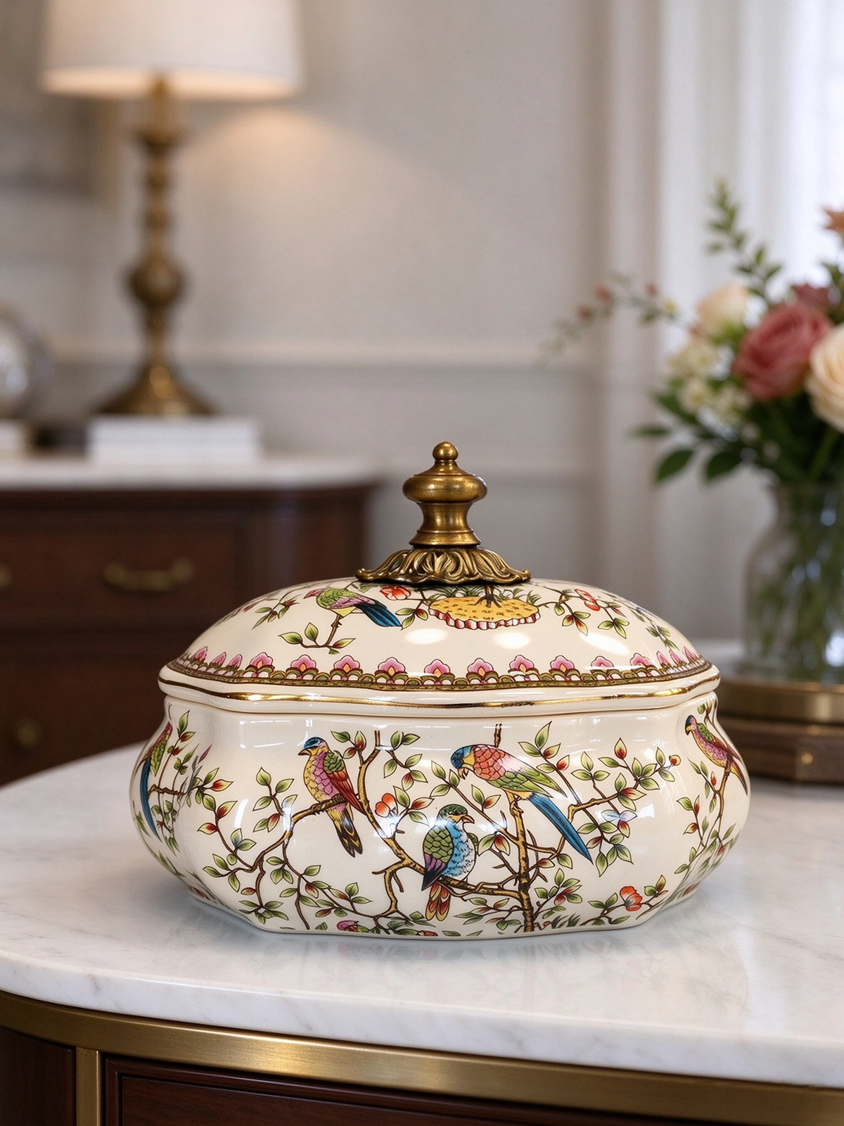 Bird and blossom ceramic tea canister, also serves as jewelry box and candy container with antique metal lid handle