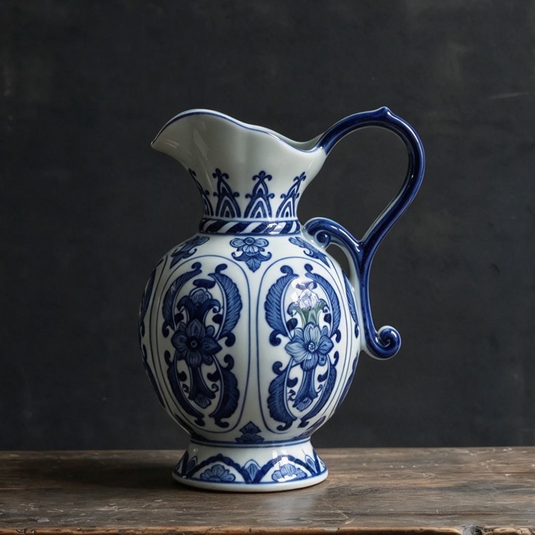 Hand painted blue and white porcelain pitcher vase, classic oriental floral ceramic art for home decoration and flower arrangement