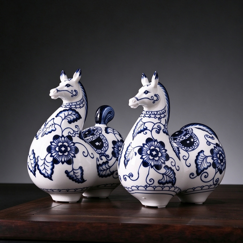 Blue-and-white Tang horse pair hand-formed from kaolin clay with underglaze floral painting