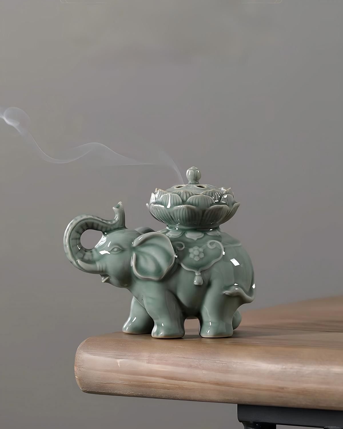 Ceramic censer ornament for living room, elephant and lotus cultural design, translucent bean green glaze, functional coil incense burner