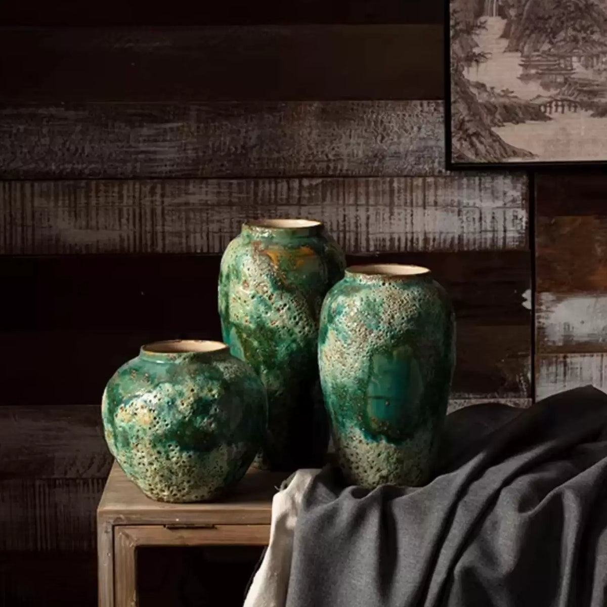 Dimension chart of wabi sabi green ceramic vase set, large medium small size specifications