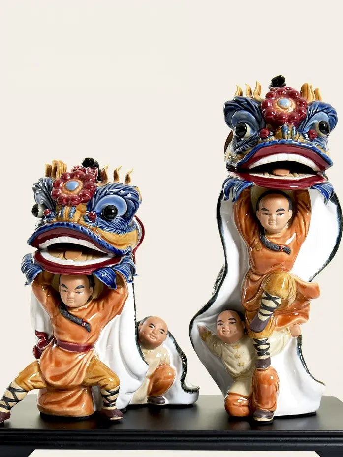 Chinese festival pottery waking lion ornament, representing auspiciousness and perseverance for home styling