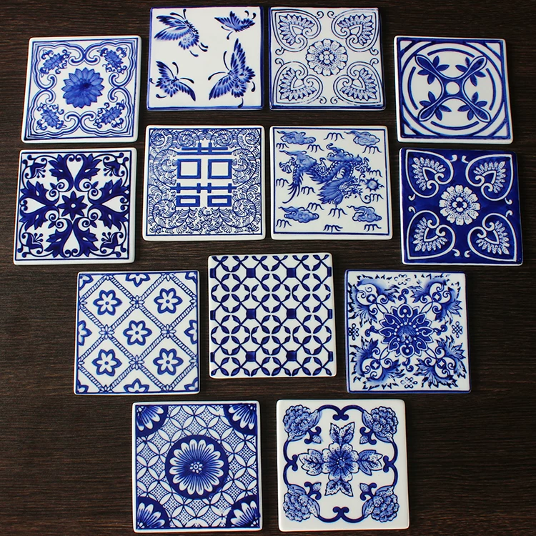 Chinese floral motif coaster set with variations in brushwork and color density