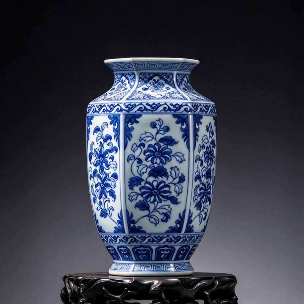 Handcrafted Jingdezhen blue and white porcelain octagonal vase with traditional hand-painted floral patterns, oriental ceramic art for home decor and flower arrangement