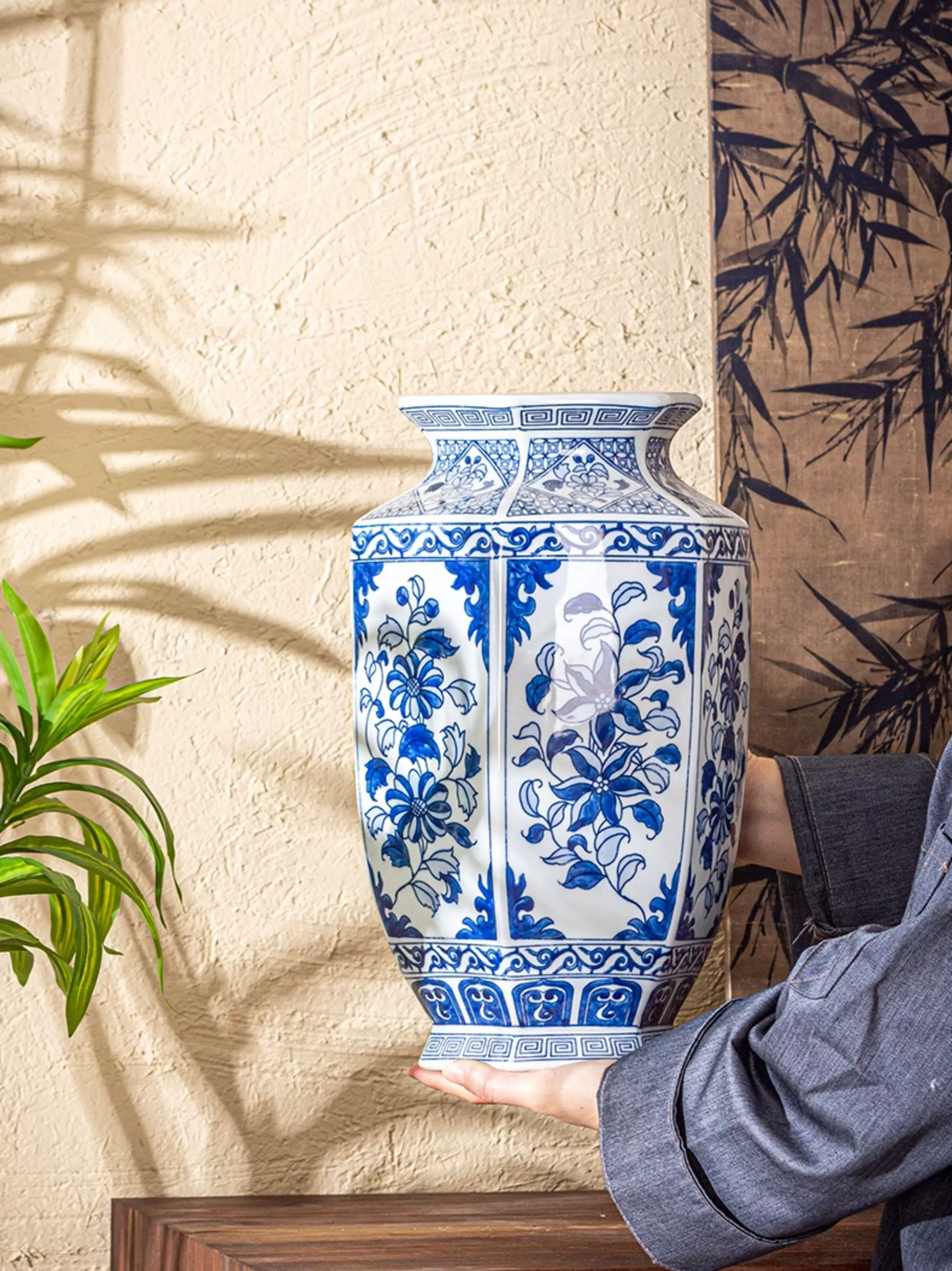 Heritage Jingdezhen porcelain craft blue and white vase, detailed floral painting, exquisite ornament for display shelf and cabinet decoration