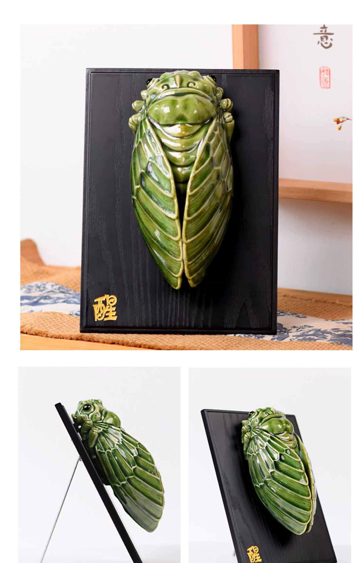 Handmade cicada pottery statue mounted on black display base for office desktop decoration