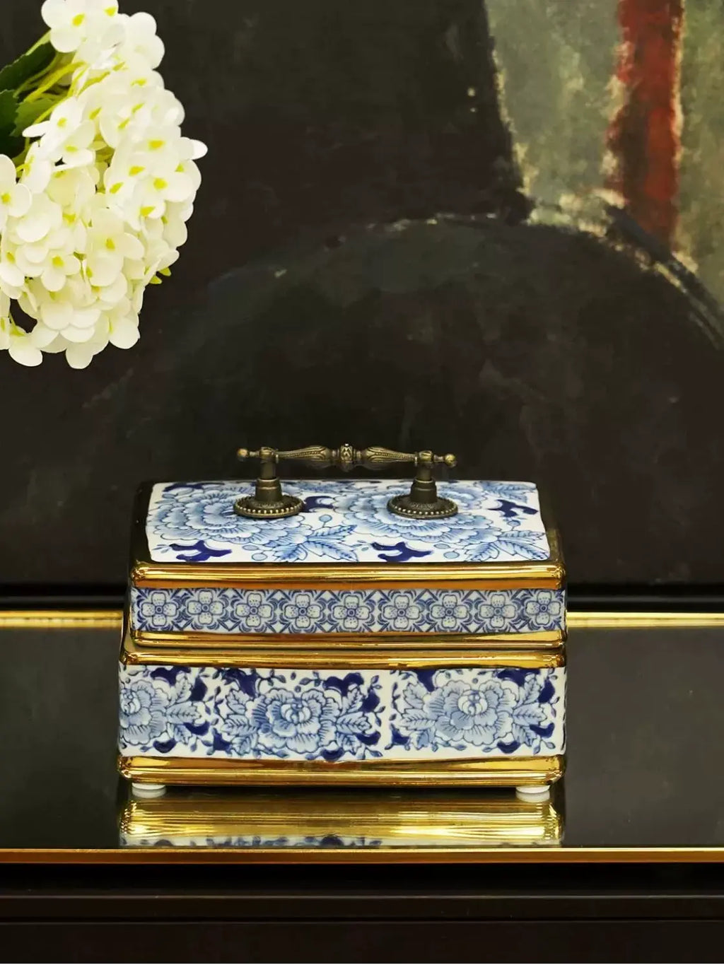Classical Jingdezhen hand painted blue and white porcelain trinket box fitted with antique copper handle, luxury tabletop decor & jewelry storage