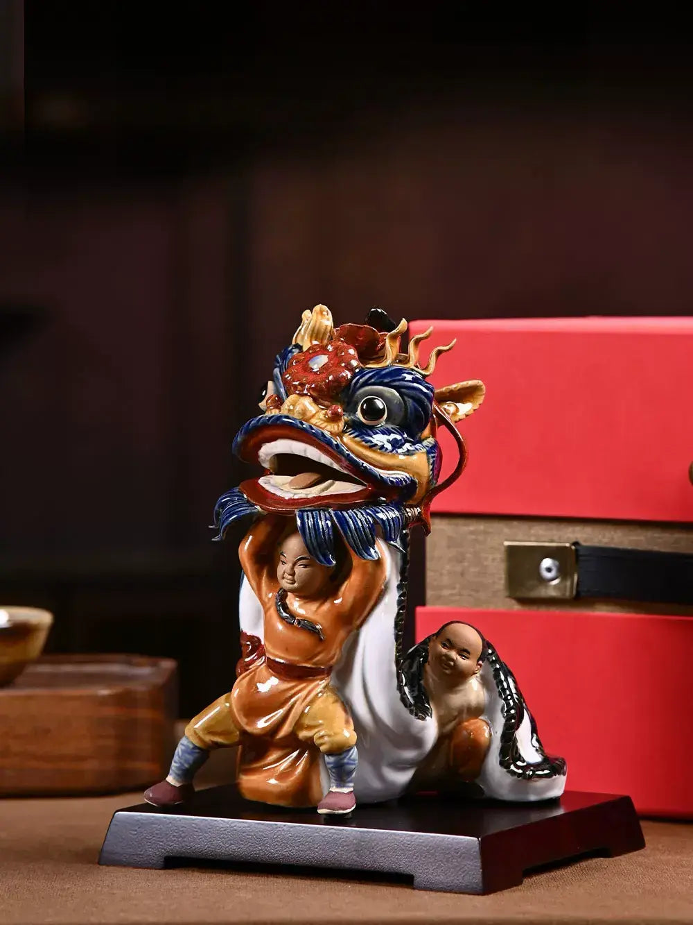 Collectible Shiwan pottery waking lion statue, intangible heritage craft, art gift for ceramic collectors