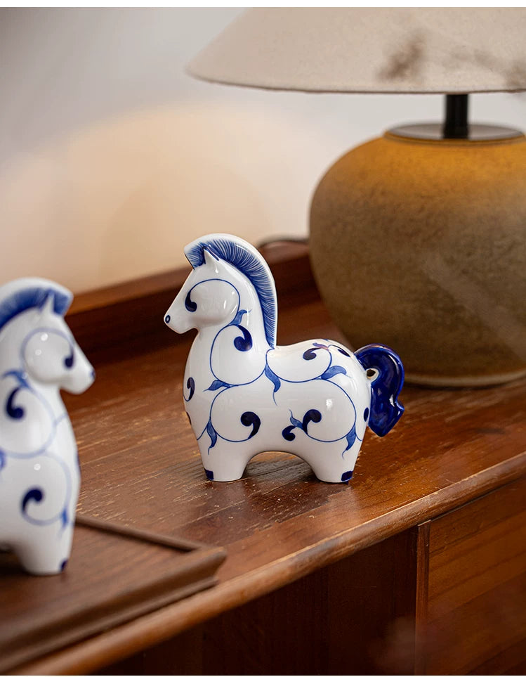 Contemporary oriental ceramic horse ornament, cute rounded shape, hand-painted blue patterns, versatile tabletop art decor