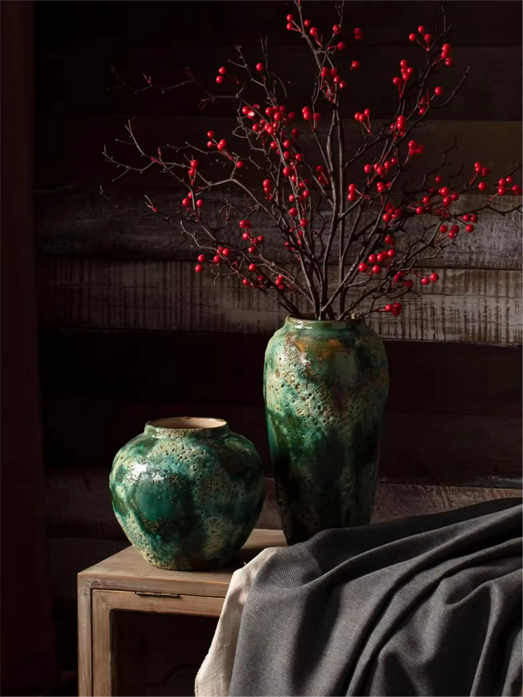 Green pottery vase with crackle and crater texture, timeless rustic home accent ornament