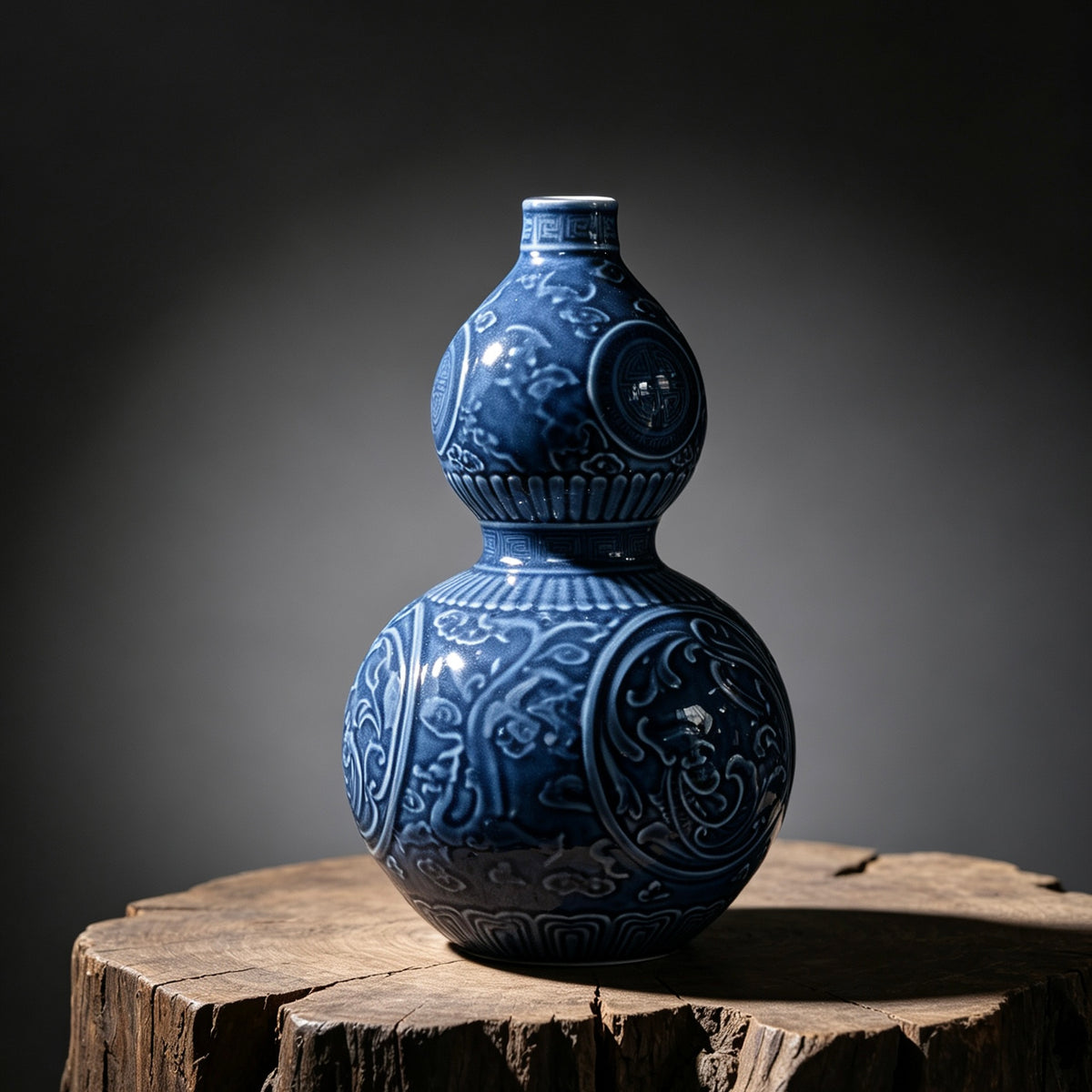 Dark‑blue gourd‑shaped ceramic vase with 3D phoenix and floral relief carving, traditional Chinese auspicious home decor