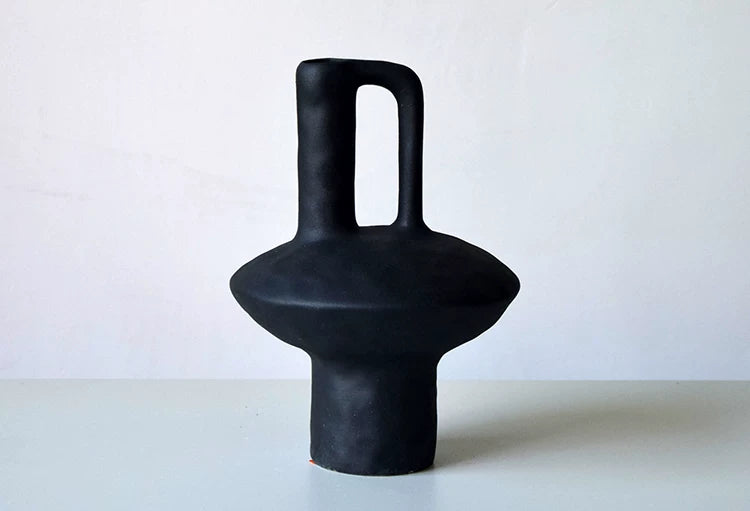 Earth tone handmade ceramic vase with hollow handle, tabletop decorative pottery for interior