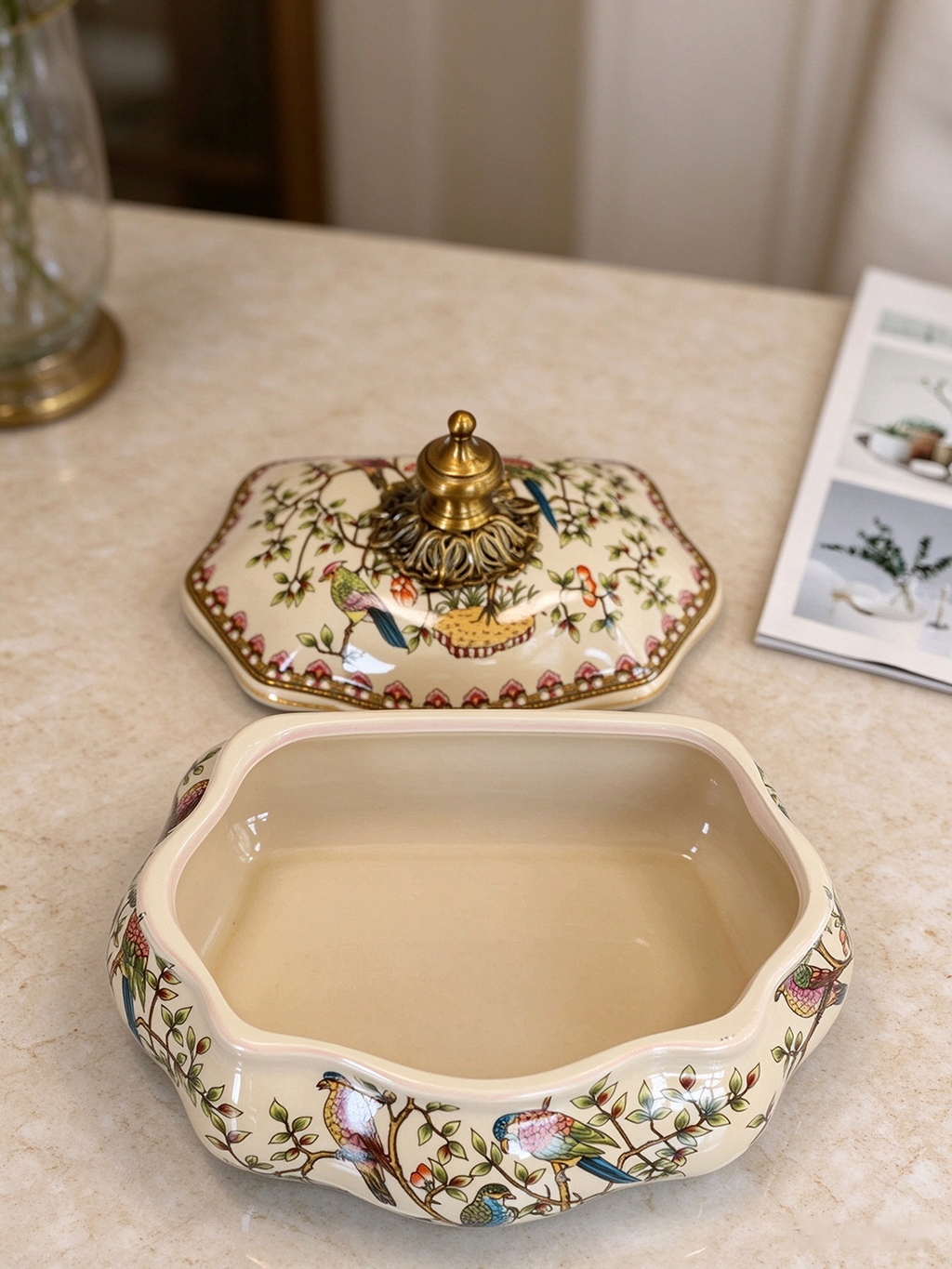 Floral and bird patterned ceramic jar, works as jewelry box, candy jar and tea canister for tabletop decor