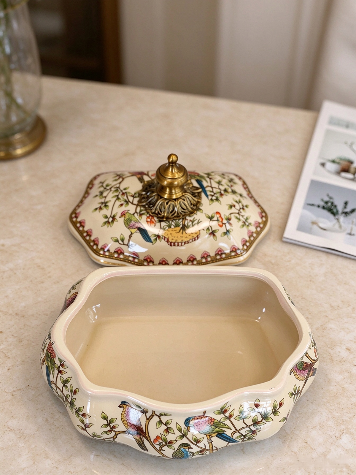 Floral and bird patterned ceramic jar, works as jewelry box, candy jar and tea canister for tabletop decor