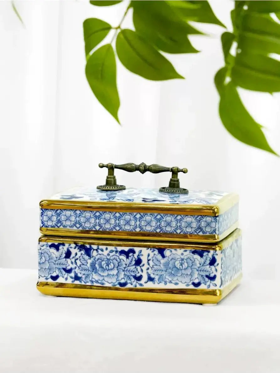 Handmade blue and white porcelain jewelry box with peony floral pattern, copper pull handle for dressing table storage