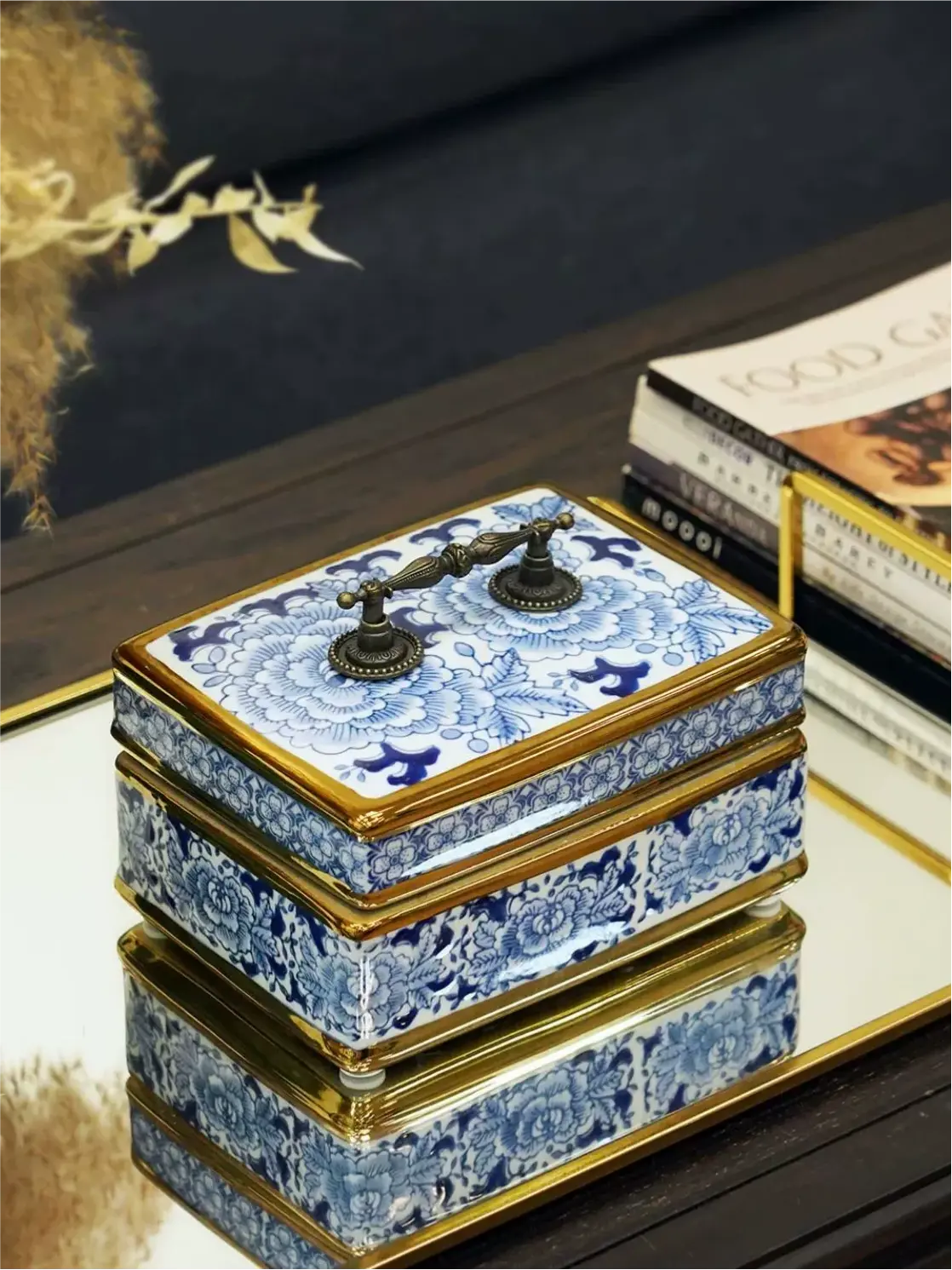 Handmade blue and white porcelain jewelry box with hand-drawn peony floral pattern, dual-purpose storage and decorative ornament