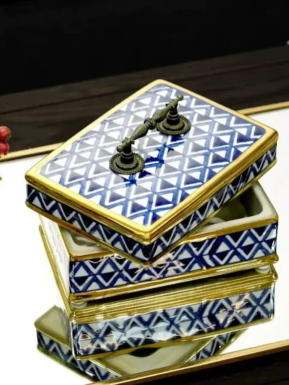 Jingdezhen hand-painted geometric triangle blue and white porcelain jewelry box, vintage copper pull handle for home display